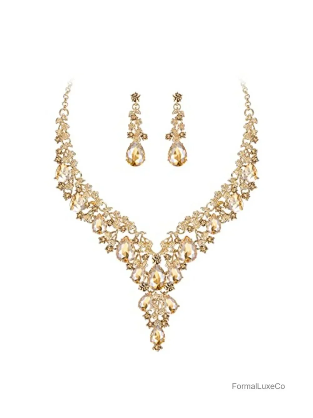 Austrian Crystal Teardrop Flower Cluster Statement Necklace & Earrings Set